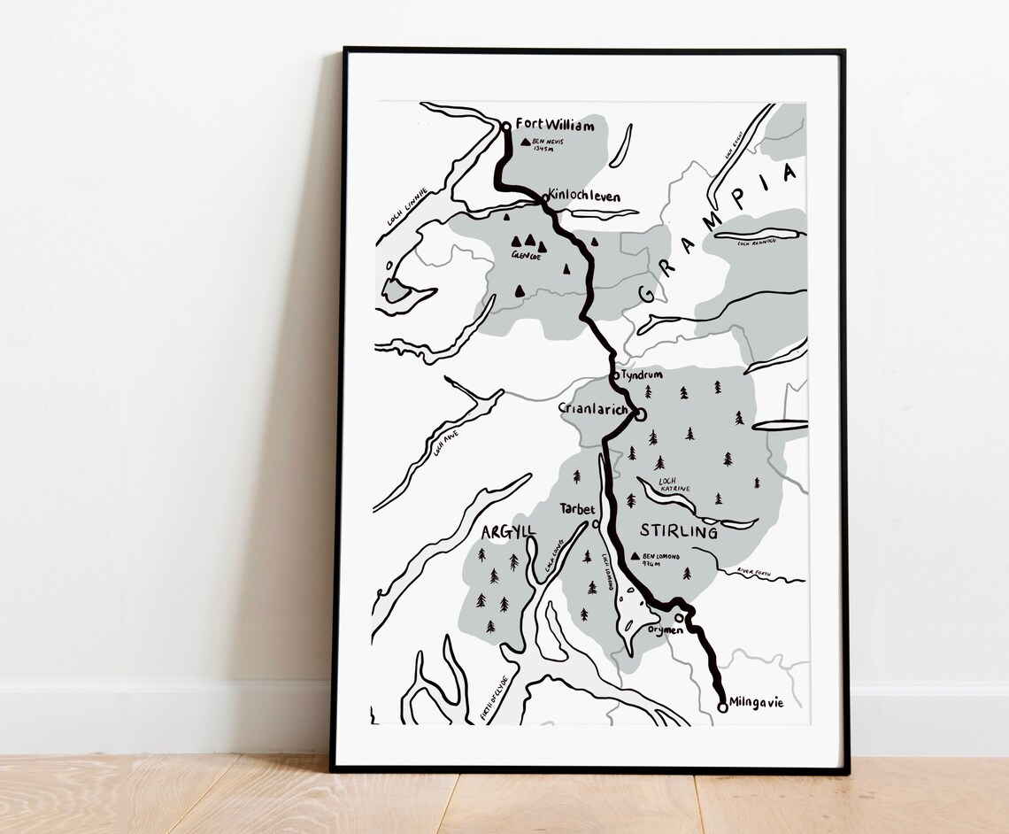 West Highland Way Map Print Scottish Hillwalking Gift A3 Framed Art