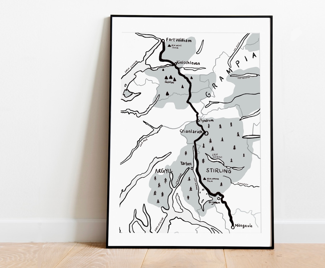 West Highland Way Trail Map Scotland Hiking Gift Guide Route Art Poster