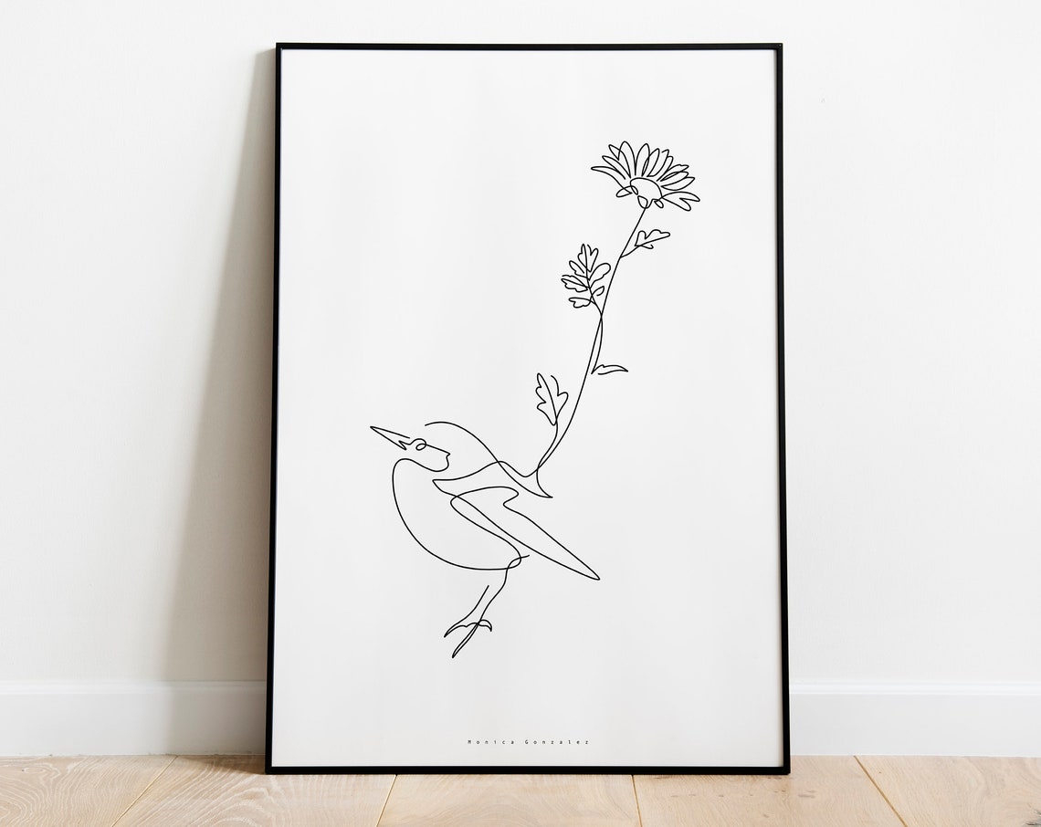 Superb Blue Wren Perched on Daisy Minimalist One Line Art Poster