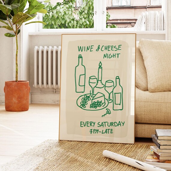 Wine and Cheese Night Every Saturday Retro Bar Cart Decor Poster