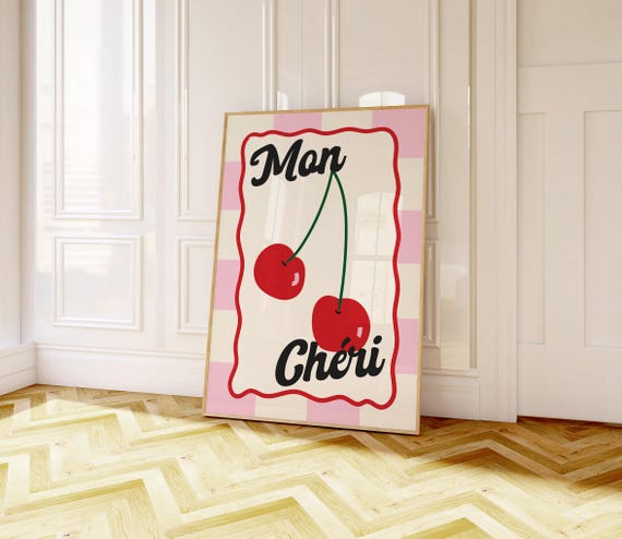 Mon Cheri Poster Retro French Quote Print Pink And Red Cherries Colorful Wall Art Dorm Apartment Decor Trendy Kitchen