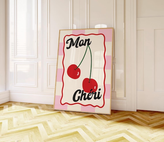 Mon Chéri Sweet Cherry Retro French Kitchen Cute Pink Art Poster