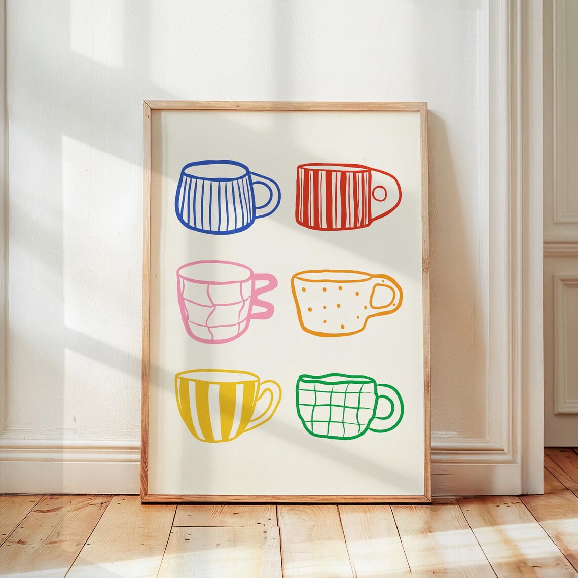 Colorful Coffee Cups Art Print, Funky Kitchen Decor