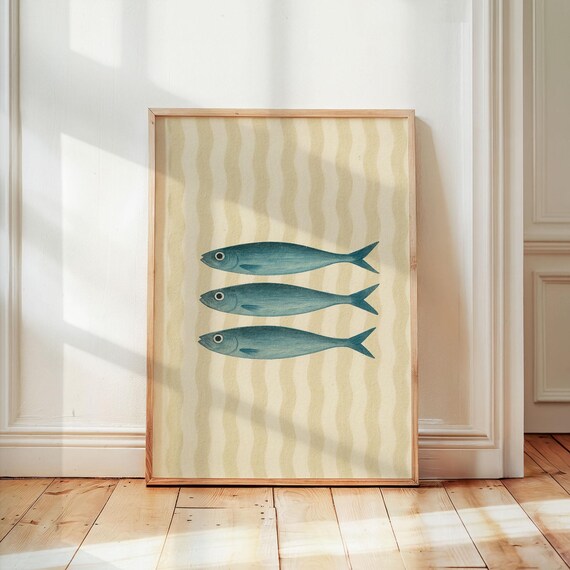 Striped Beige Sardines Poster Retro Kitchen Wall Art Maximalist Fish Print Vintage Foodie Gift Mediterranean Seafood Decor