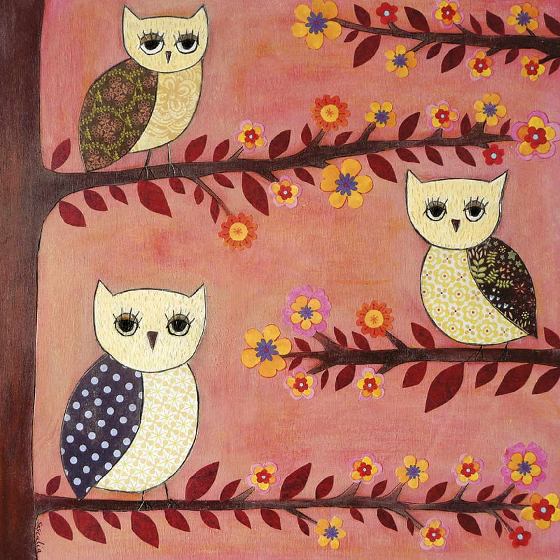 Three Patterned Owls on a Flowering Branch Sweet Nursery Poster