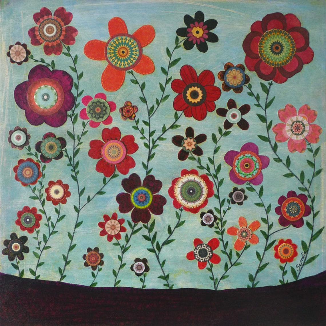 Whimsical Folk Art Flower Meadow on Turquoise Background Poster