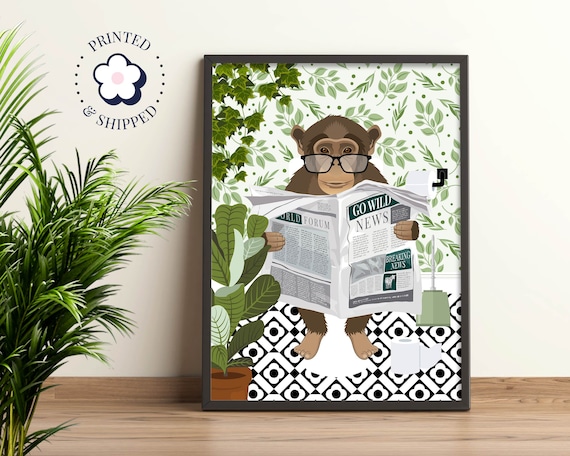 Monkey on Toilet Print, Humorous Bathroom Wall Art