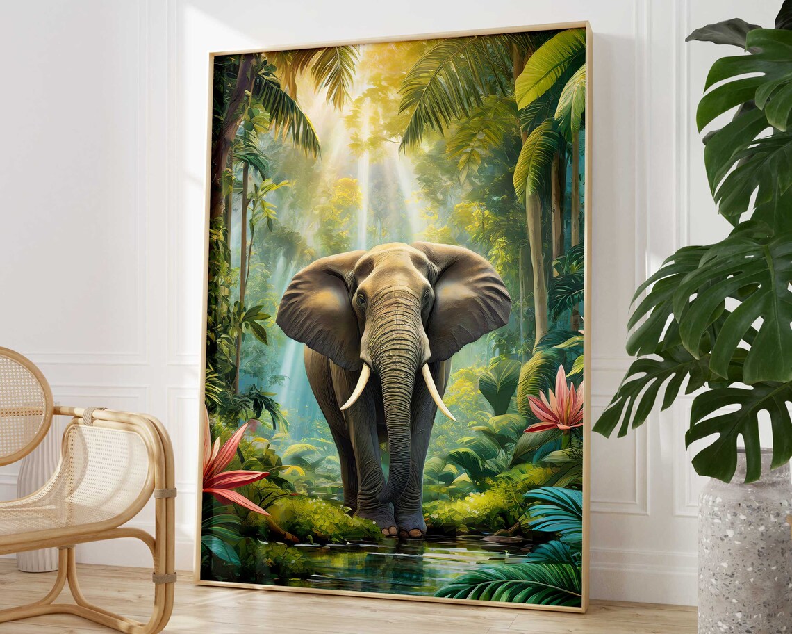 Tropical Elephant Rainforest Art Print, Rousseau-Inspired