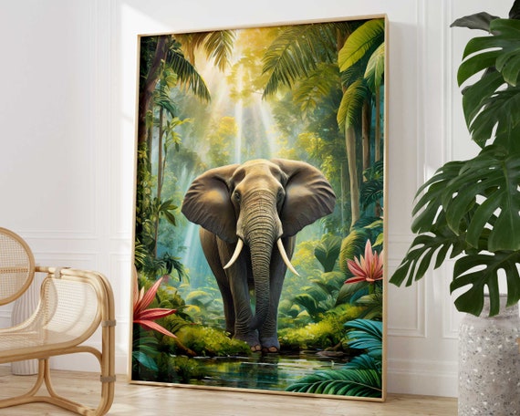 Tropical Elephant Rainforest Art Print, Rousseau-Inspired