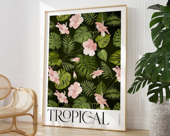 Tropical Pink Botanical Flower Print Colourful Leaves Wall Art Rainforest Poster Wild Nature Paradise Living Room Home Decor