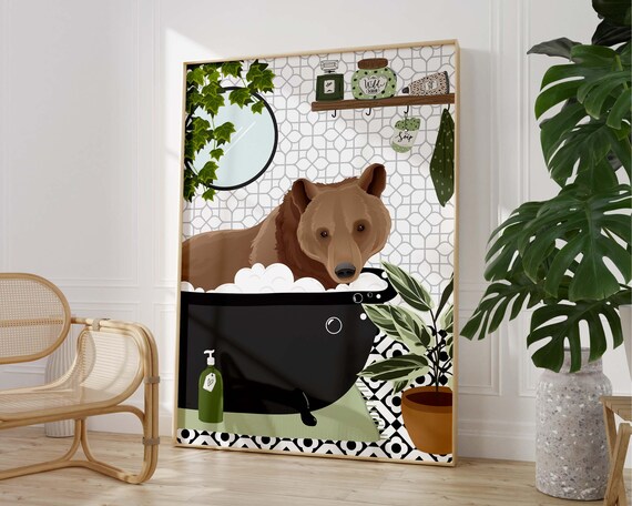 Funny Brown Bear Relaxing in Bubble Bath Bathroom Decor Animal Poster