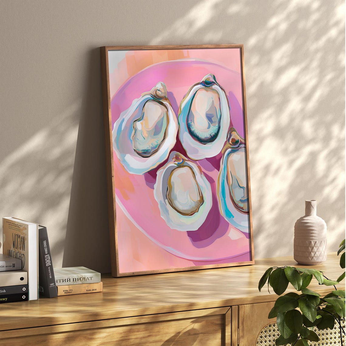 Oysters on Pink Plate Coastal Seafood Modern Kitchen Poster Art - Image 5