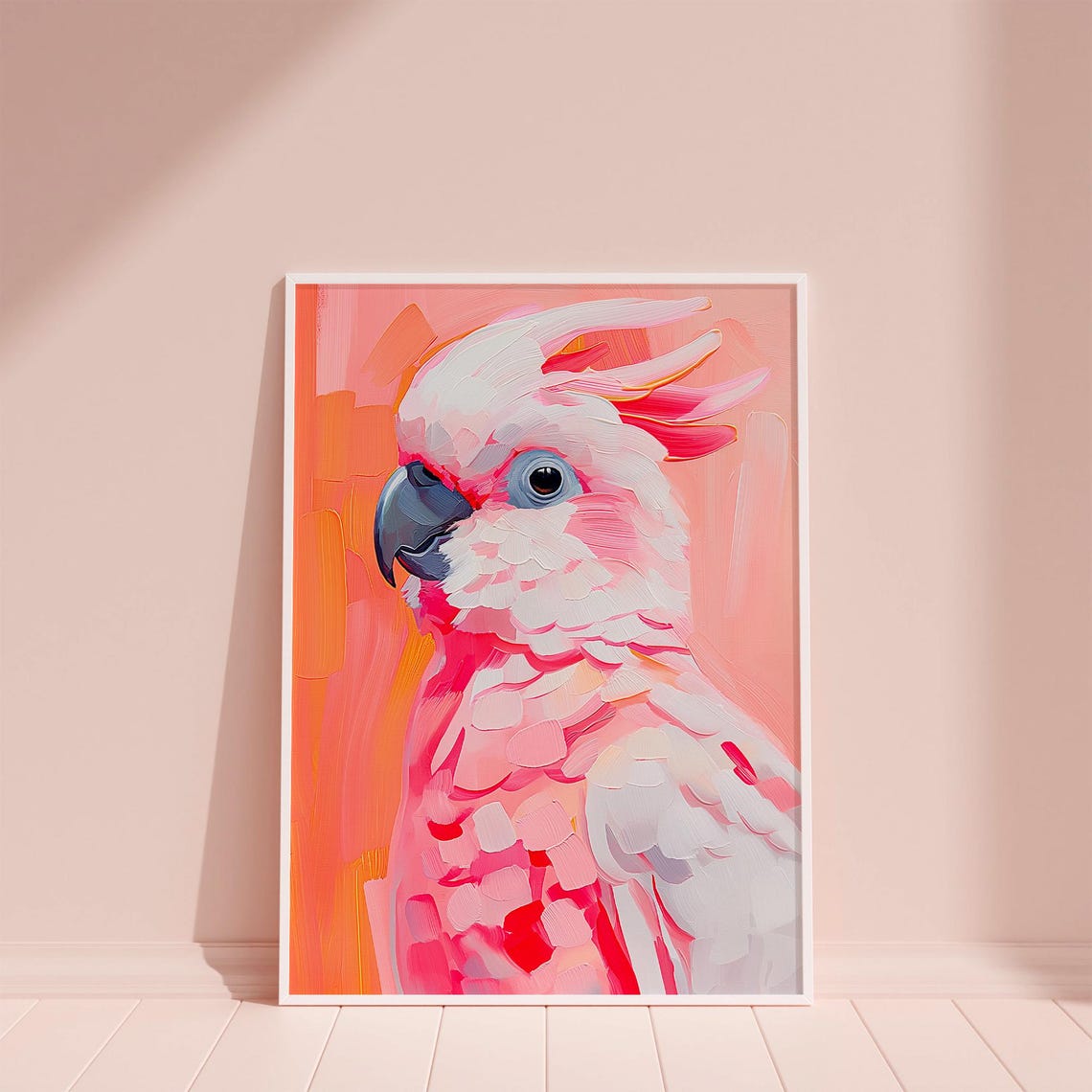 Pink Cockatoo Portrait Impasto Bird Painting Tropical Wall Art - Image 5