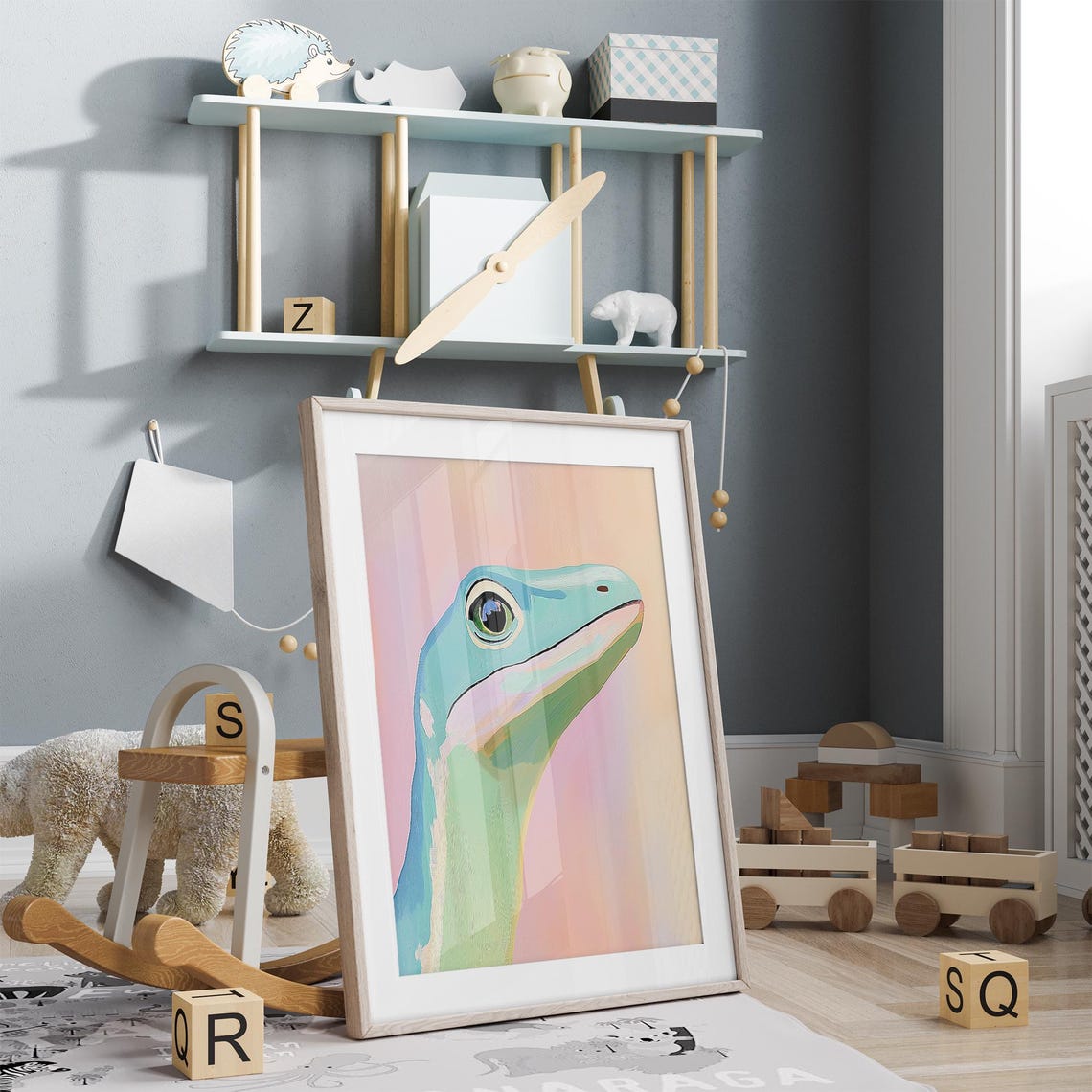 Curious Green Lizard Portrait on Pastel Pink Reptile Decor Poster - Image 5