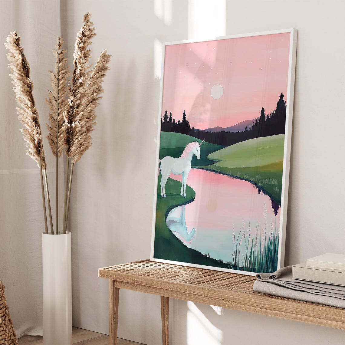 Unicorn by the Lake at Sunset Pink Sky Reflection Fantasy Poster - Image 6
