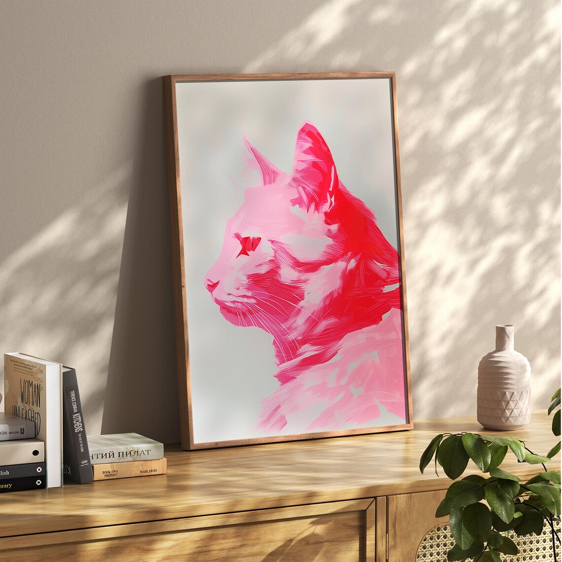 Hot Pink Cat Portrait in Bold Pop Art Style Modern Feline Poster - Image 4