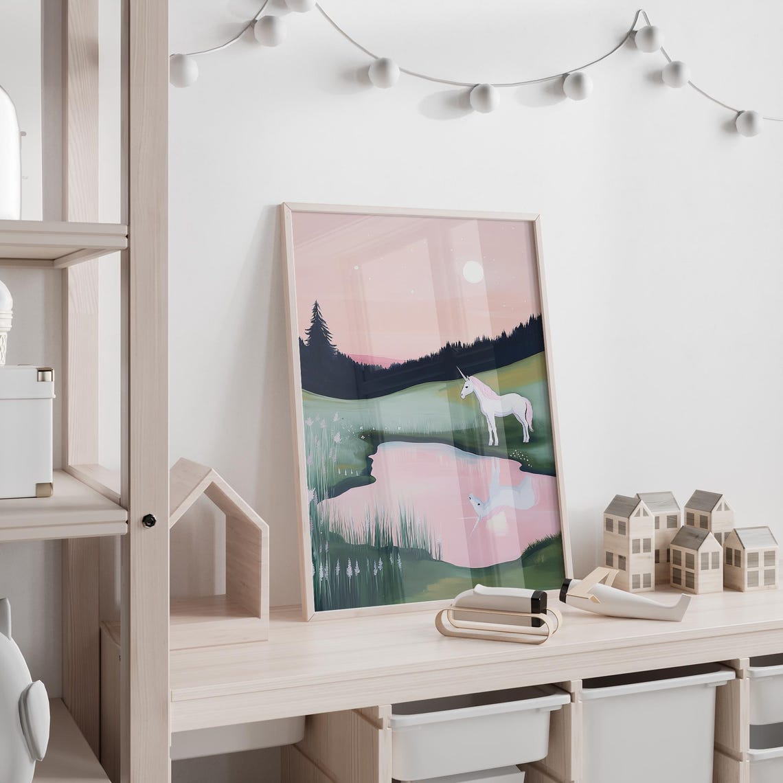 Moonlit White Unicorn At Pond Under Pink Night Sky Fantasy Poster - Image 4