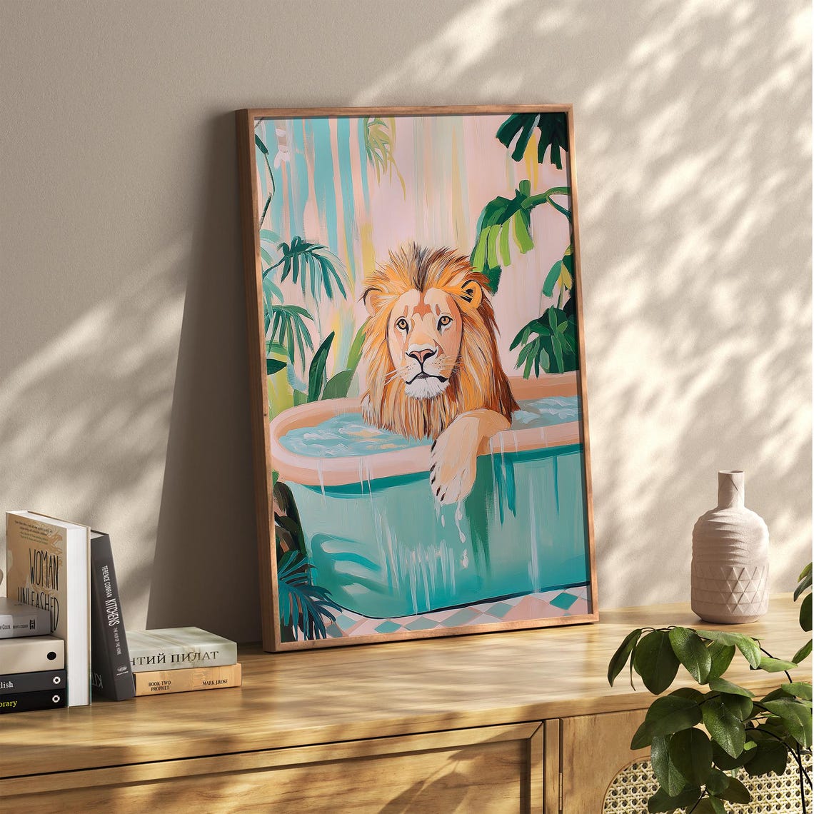 Lion Relaxing in Turquoise Bathtub Tropical Pastel Bathroom Poster - Image 2