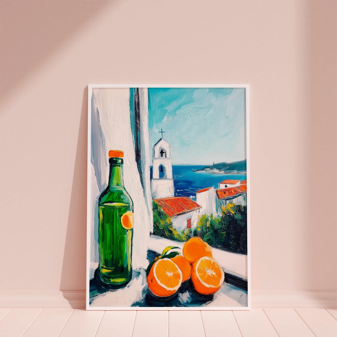 Green Wine Bottle With Oranges Mediterranean Coast Window Poster - Image 5