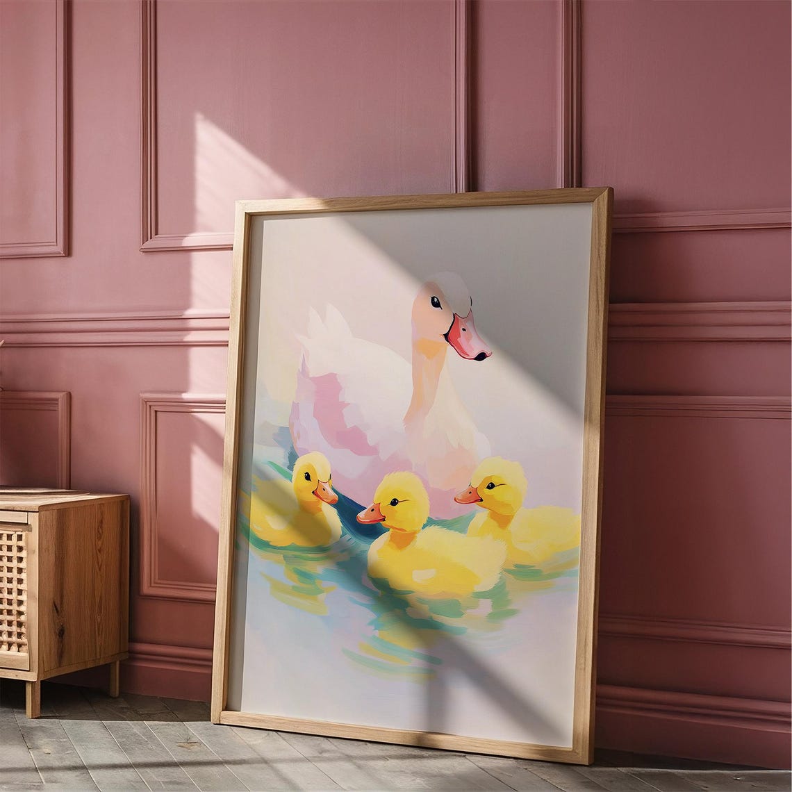 Pastel Mama Duck with Yellow Ducklings Swimming Cute Nursery Poster - Image 3