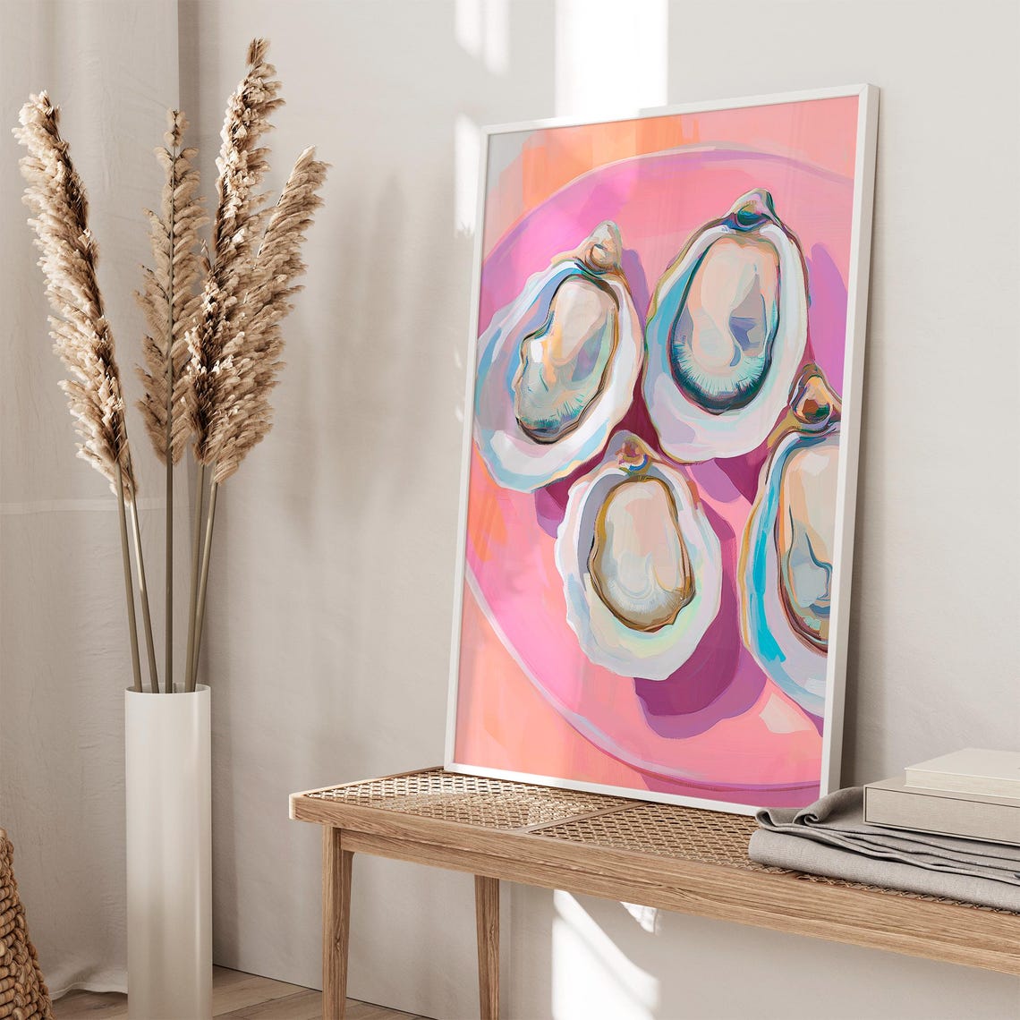Oysters on Pink Plate Coastal Seafood Modern Kitchen Poster Art - Image 2