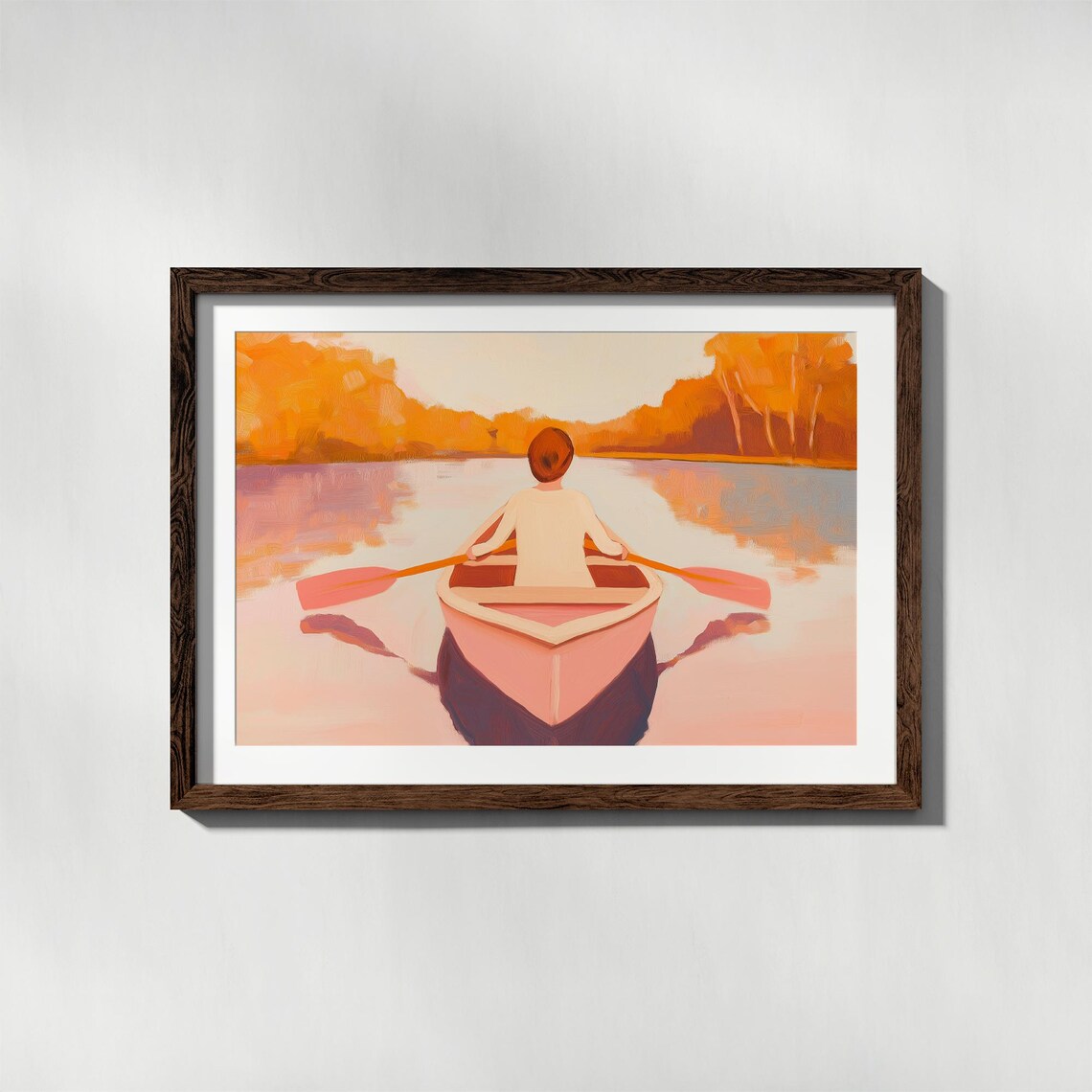 Woman Paddling Pink Canoe On Autumn Lake At Golden Sunset Poster - Image 4