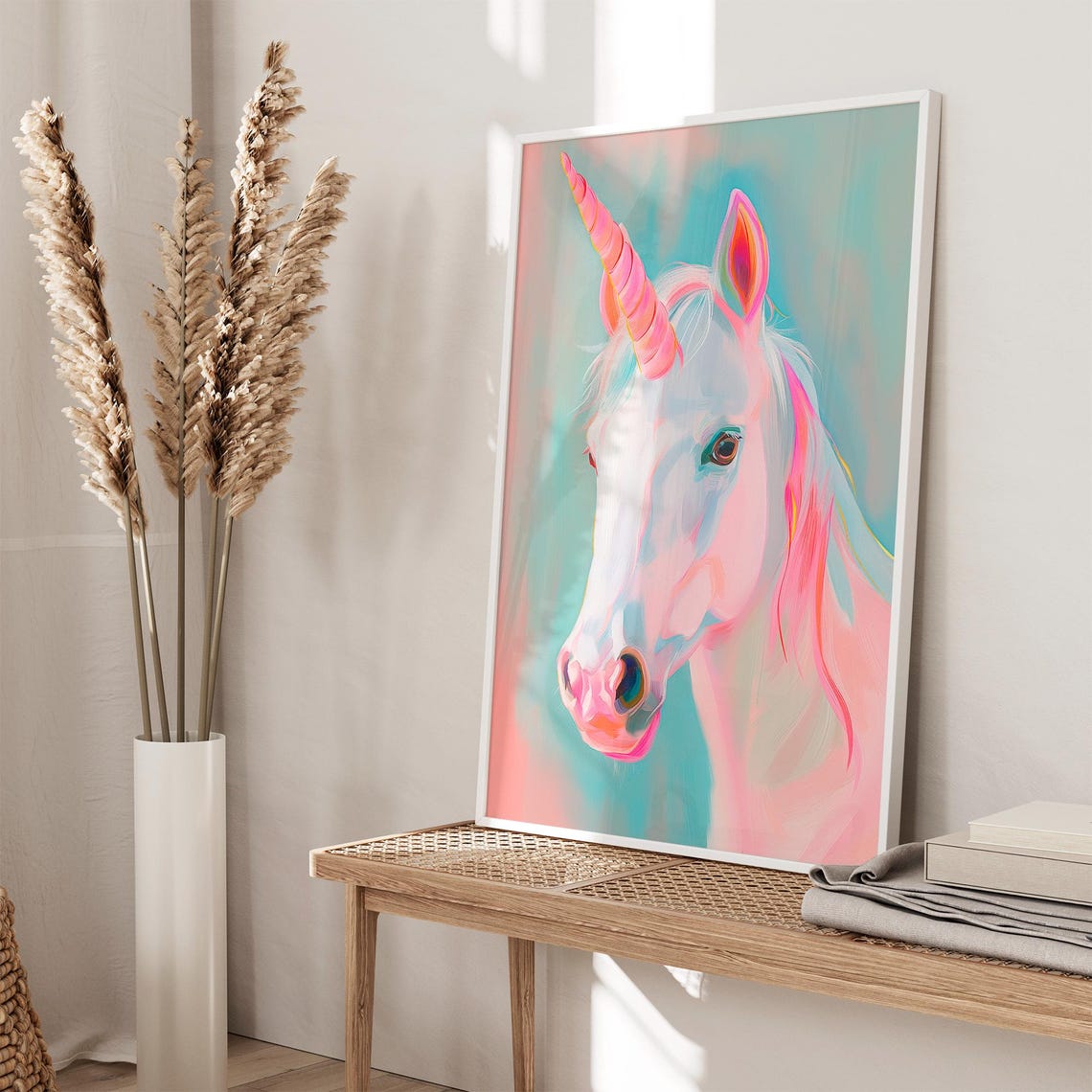 Pastel White Unicorn Portrait With Rainbow Horn Fantasy Art Poster - Image 3