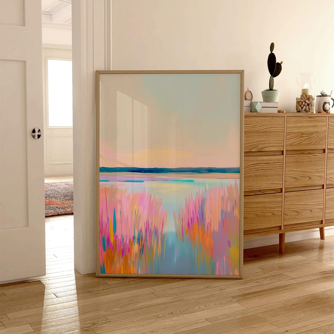 Pink Grass Lakeshore at Sunset Pastel Abstract Nature Poster - Image 4