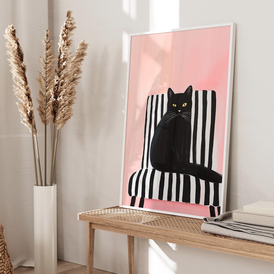 Black Cat Sitting on a Striped Chair Pink Modern Cat Lover Poster - Image 3