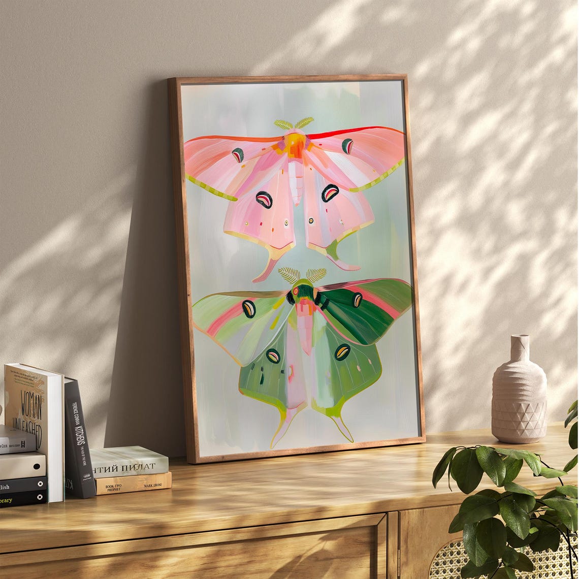 Pink and Green Moths Botanical Vintage Insect Illustration Poster - Image 2