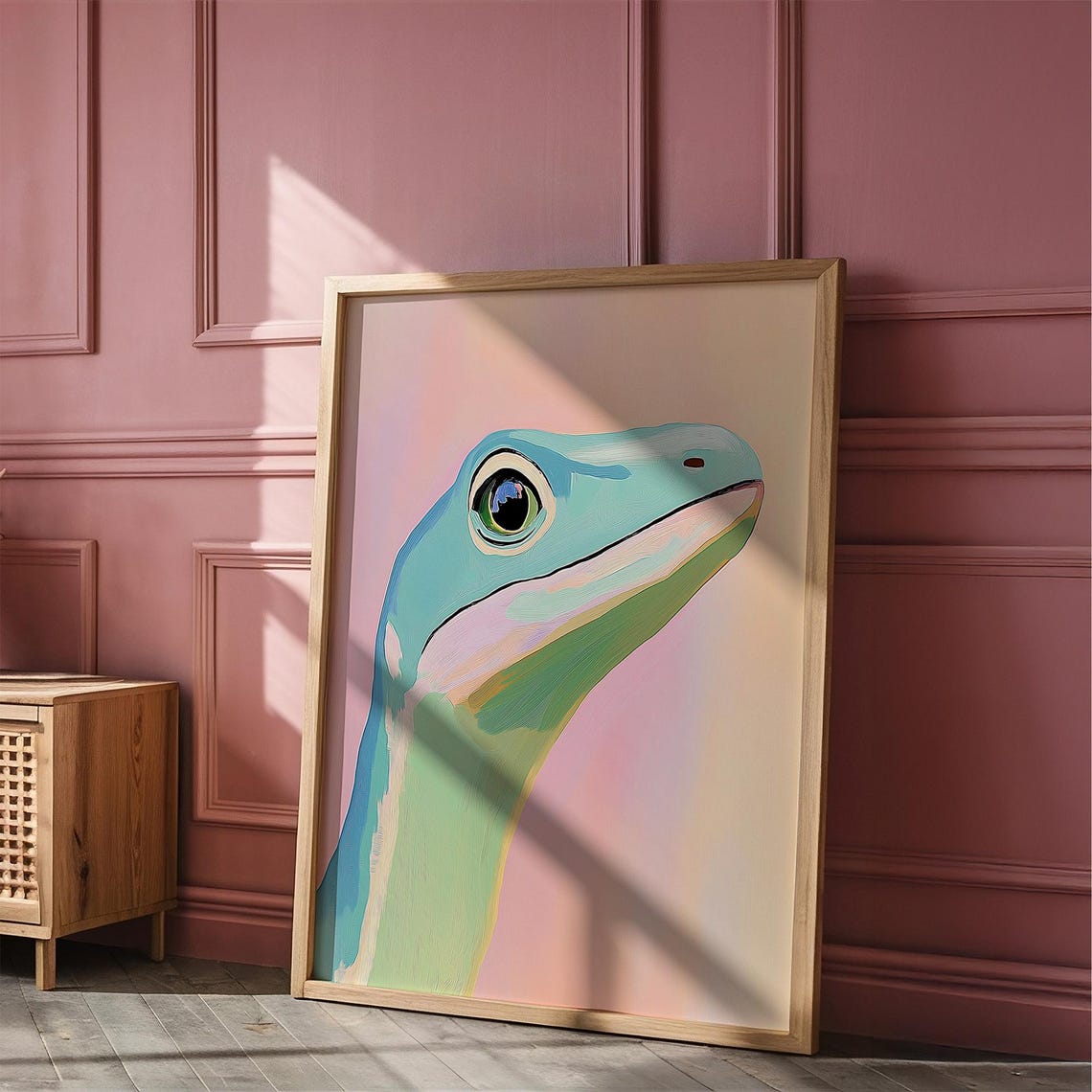 Curious Green Lizard Portrait on Pastel Pink Reptile Decor Poster - Image 6