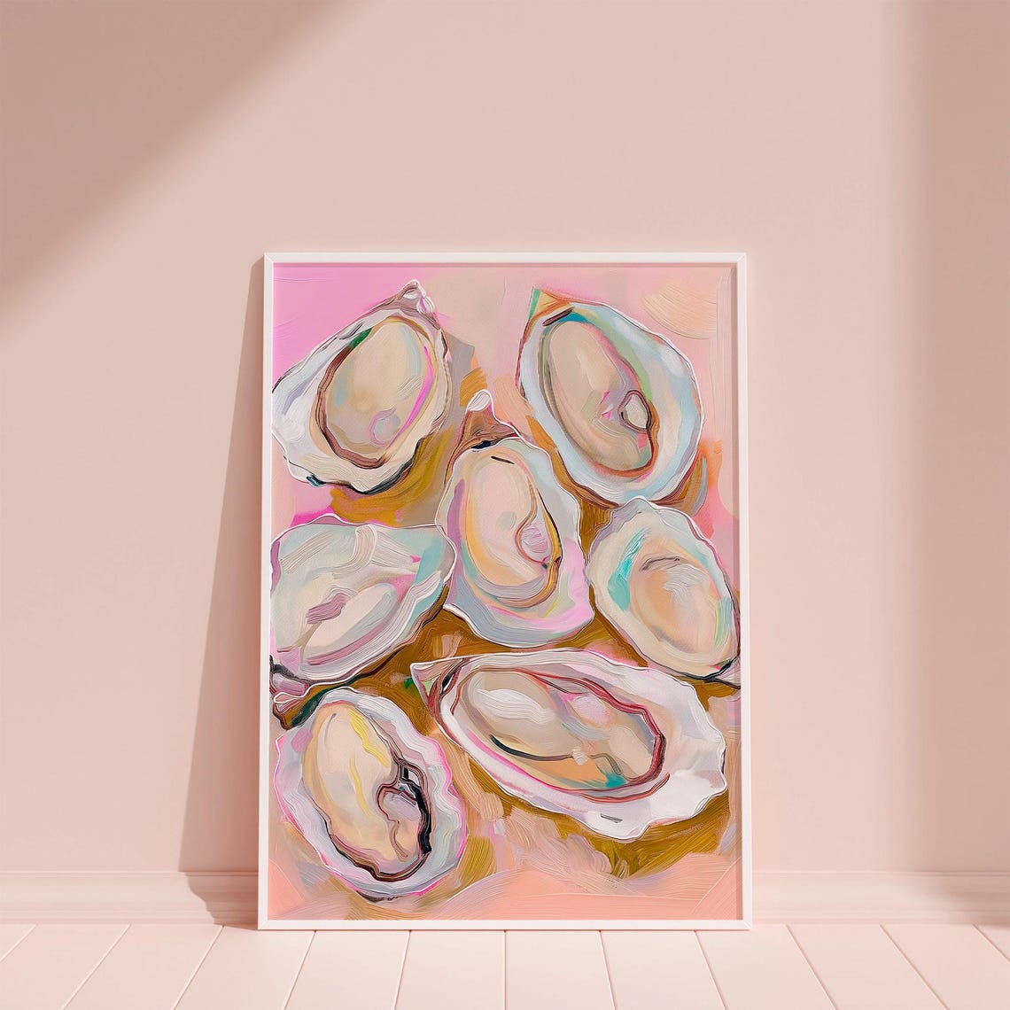 Pastel Pink Oyster Shell Painting Coastal Beach Kitchen Wall Art - Image 2