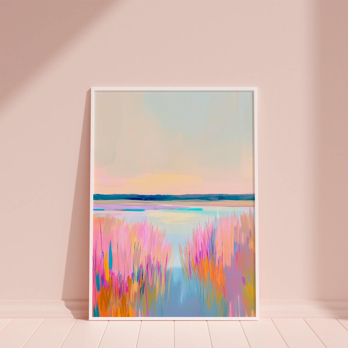 Pink Grass Lakeshore at Sunset Pastel Abstract Nature Poster - Image 5