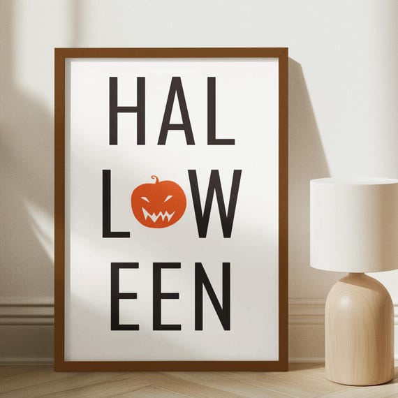 Framed Halloween Wall Art Print Modern Typography With Pumpkin Design Spooky Black And Orange Home Decor