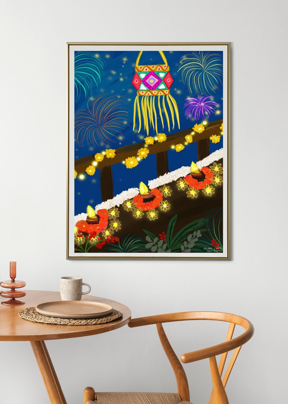 Diwali Festival Diyas Lantern Fireworks Night Celebration Print - Image 5