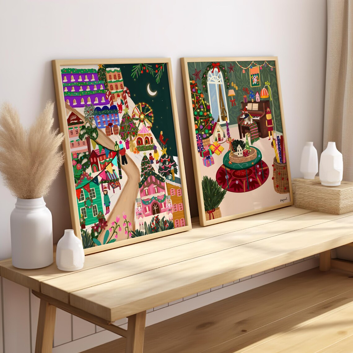 Cozy Snowy Christmas Market Village Night Ferris Wheel Art Print - Image 4