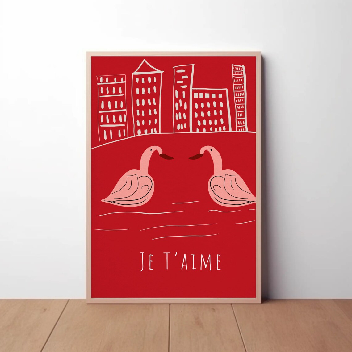 Je Taime Red Flamingo Heart Cityscape Love Valentine Art Poster