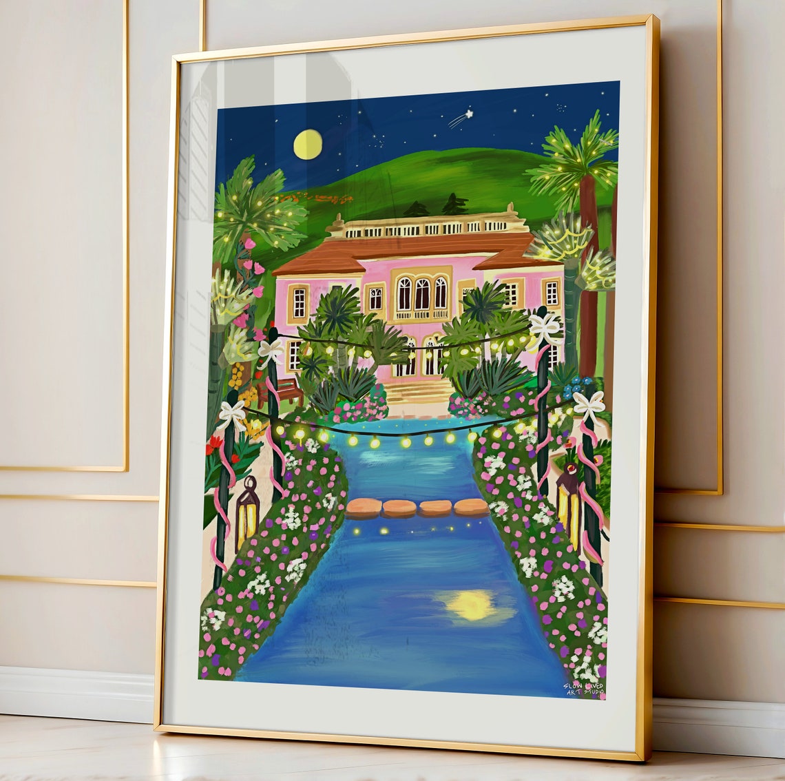 Villa Ephrussi Pink Palace Night Illuminated Pool Garden Poster - Image 5