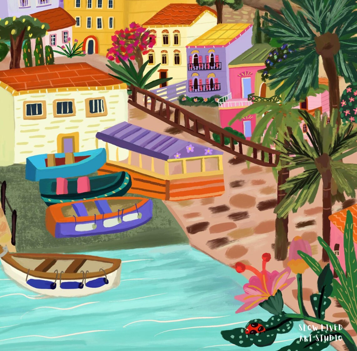 Colorful Mediterranean Hillside Harbor Boats Fishing Village Poster - Image 3