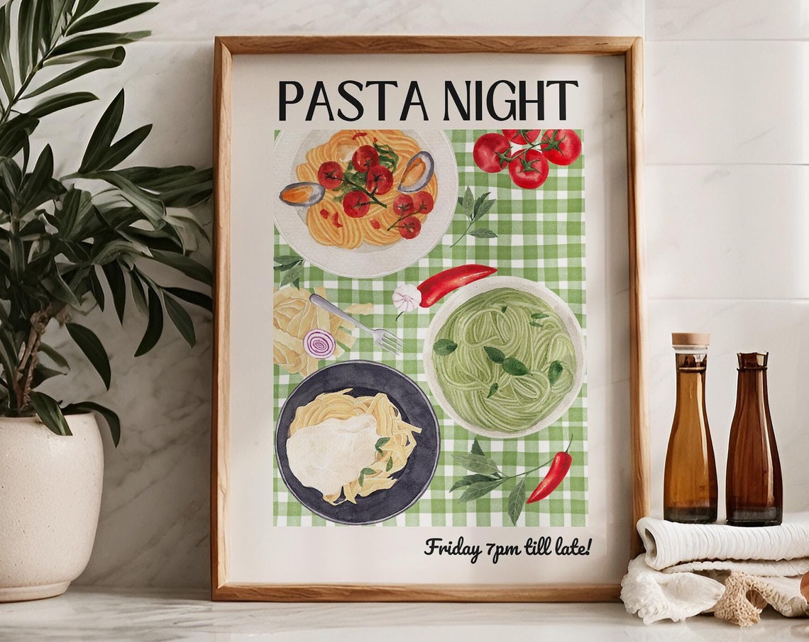 Pasta Night Friday Dinner Party Food Illustration Poster Kitchen Art - Image 4