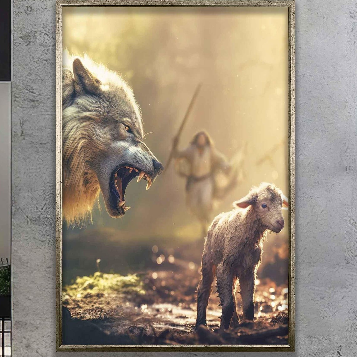 Wolf Facing Gentle Lamb With Shepherd Christian Symbolism Art Poster