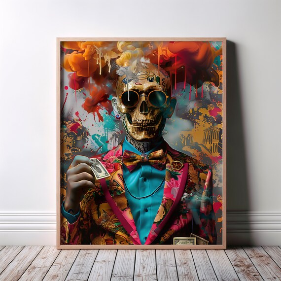 Gold Skull Sunglasses Colorful Suit Graffiti Money Street Art Poster