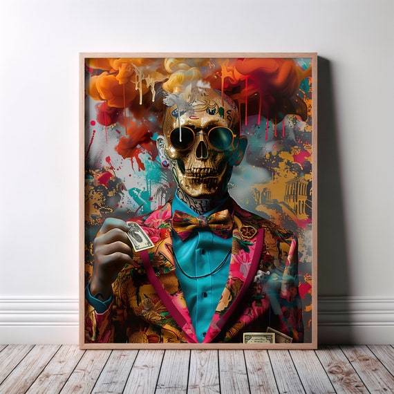 Skeleton Wall Art Skull Print Abstract Pop Surrealism Street Contemporary Graffiti Colorful Illustration