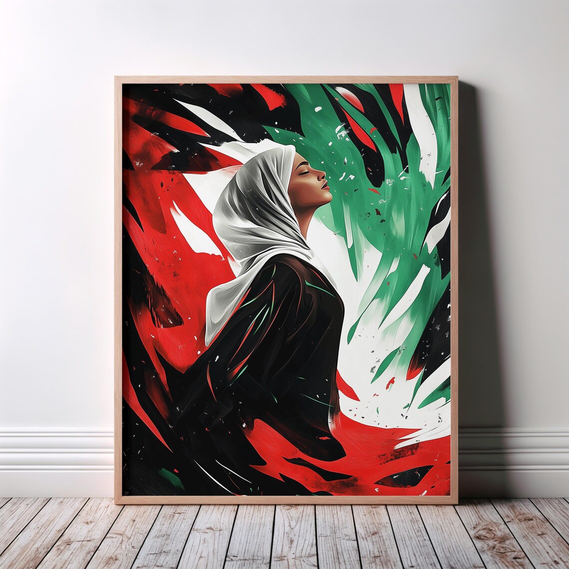Woman In Hijab Abstract Red Green Brushstroke Portrait Poster