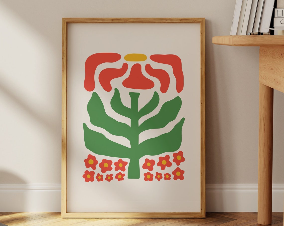 Retro Wavy Red Flower Bouquet Funky Abstract Floral Wall Decor Poster