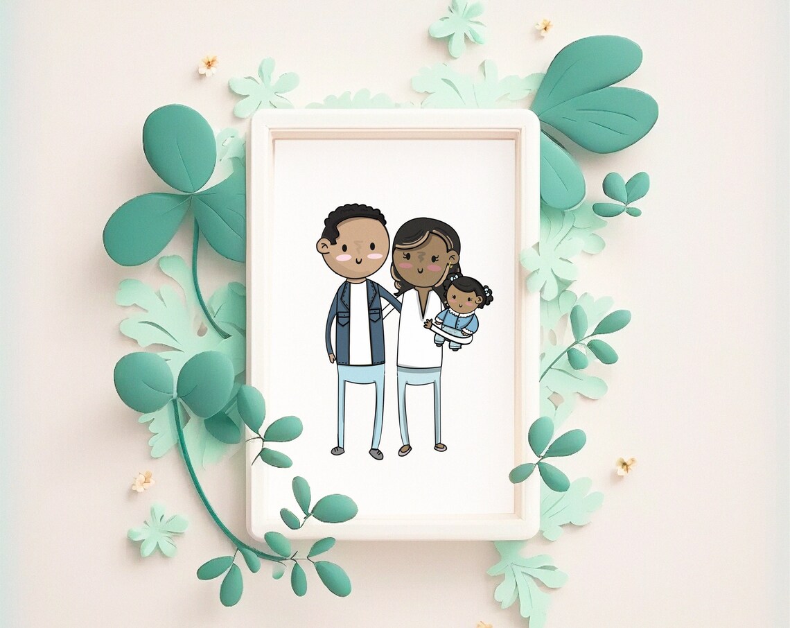 Custom Cartoon Family of Three Portrait with Cute Toddler Poster