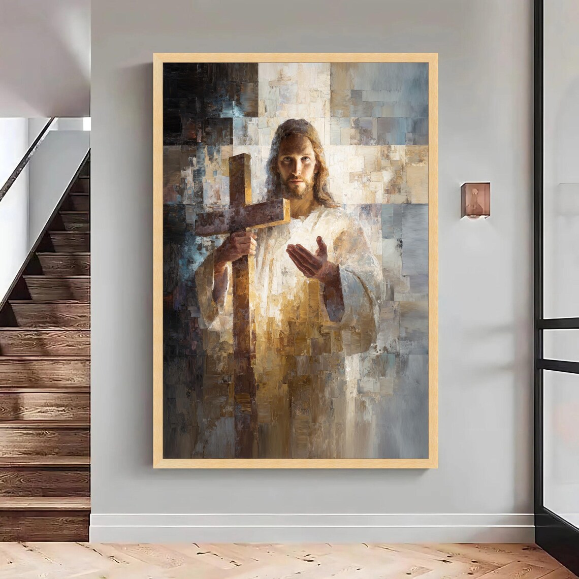 Jesus Holding Cross Print Religious Wall Art Ready To Hang