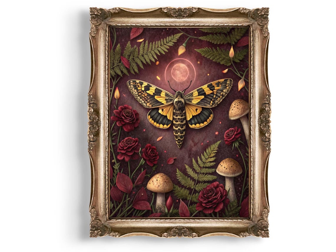 Gothic Moth Botanical Night Garden Roses Mushrooms Floral Poster