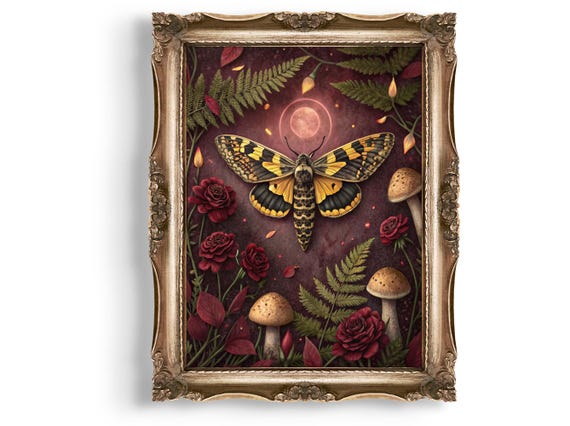 Moth Wall Art Botanical Print Floral Mushroom Gothic Home Decor Unique