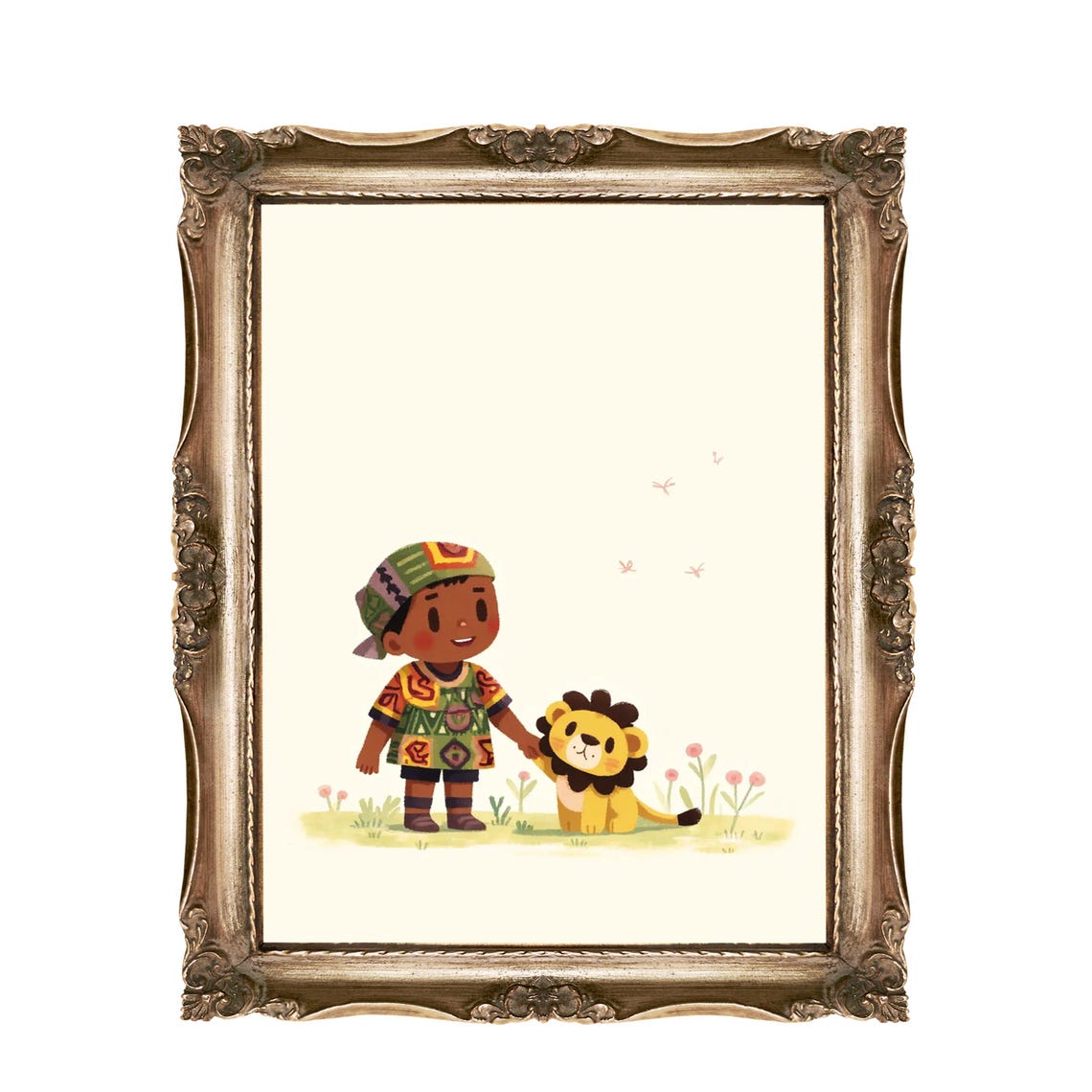 Cute Boy With Lion Cub In African Outfit Kids Nursery Wall Art
